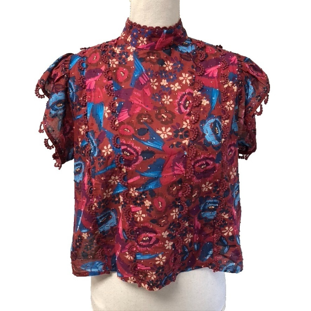 Farm Rio Blouse Top Womens XS Red Floral Flutter Sleeve Romantic Boho Coquette